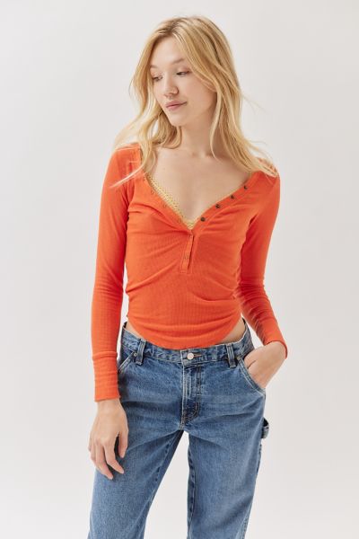 Out From Under Everyday Snap Henley Top In Bright Red