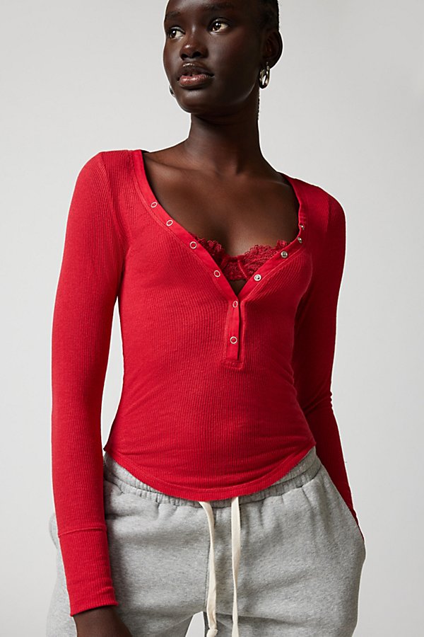 Out From Under Snap Henley Top In Tab Yellow, Women's At Urban Outfitters In Bright Red