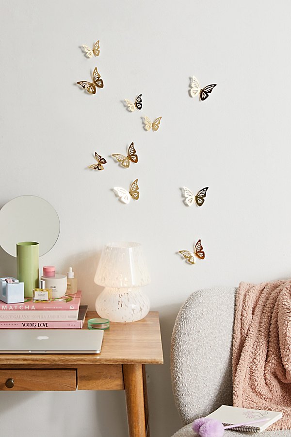 Urban Outfitters 3d Gold Butterflies Peel And Stick Mirror Set