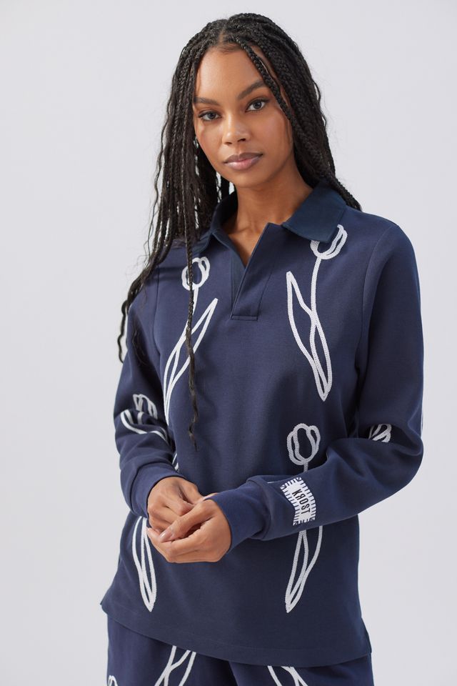 KROST Chainstitch Flower Long Sleeve Polo Shirt | Urban Outfitters
