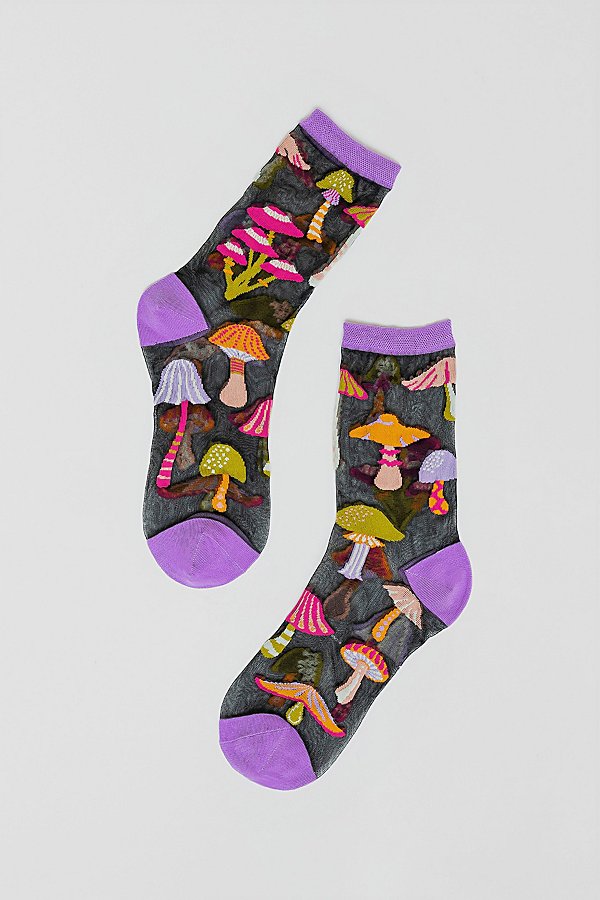 Shop Sock Candy Magic Mushrooms Black Sheer Sock In Black, Women's At Urban Outfitters