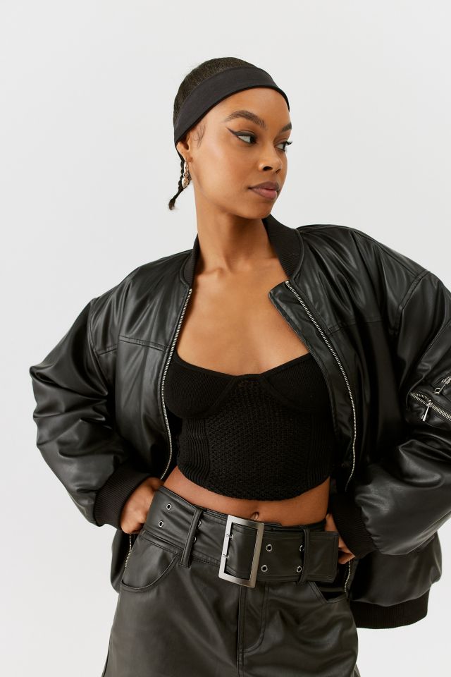 Adpt Oversized Varsity Bomber Jacket with Faux Leather Sleeves in Black
