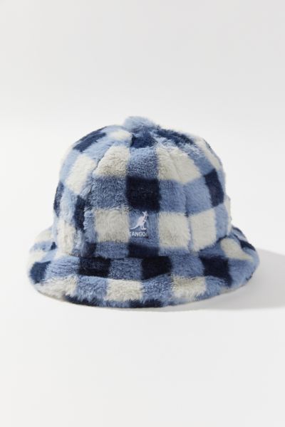 Kangol Faux Fur Casual Bucket Hat In Blue Checkered