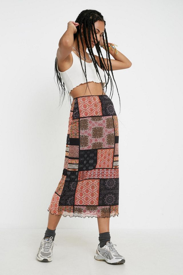 UO Patchwork Print Mesh Midi Skirt | Urban Outfitters UO Patchwork Print Mesh Midi Skirt | Urban Outfitters