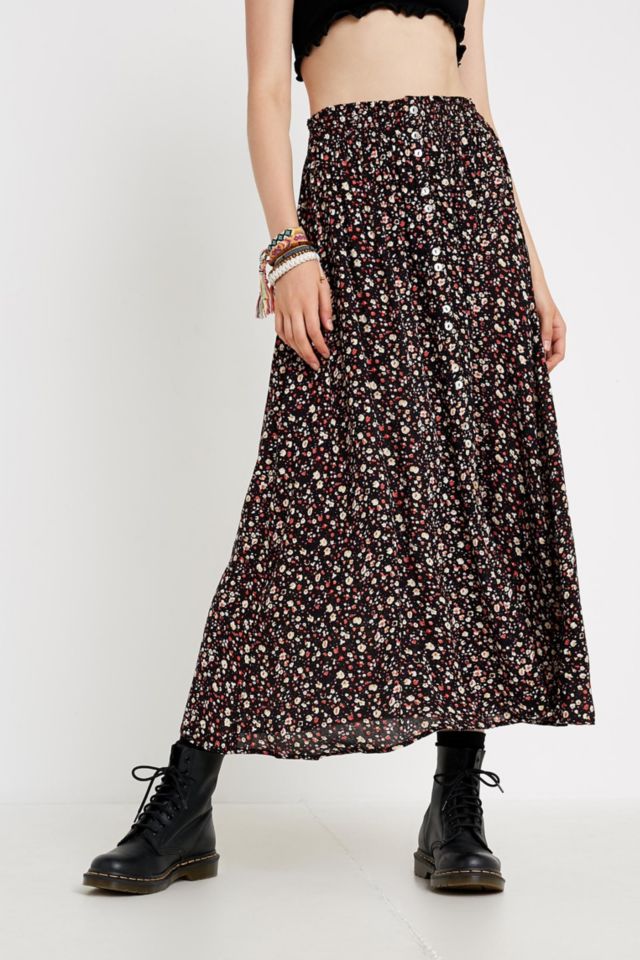 UO Black Floral Button Front Midi Skirt Urban Outfitters