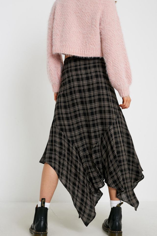 UO Plaid Asymmetrical Hem Midi Skirt