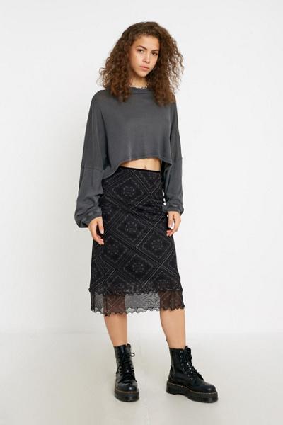Urban Hollow Irregular Black Mesh Split-Joint Skirts