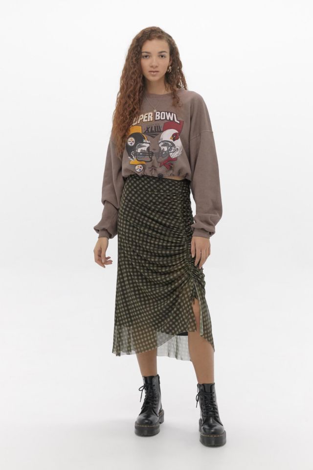 UO Gingham Ruched Mesh Midi Skirt Urban Outfitters