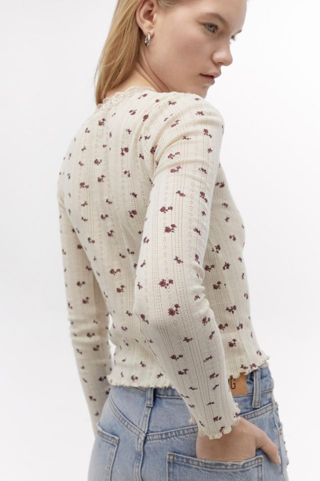 UO Ditsy Floral Pointelle Long Sleeve Top