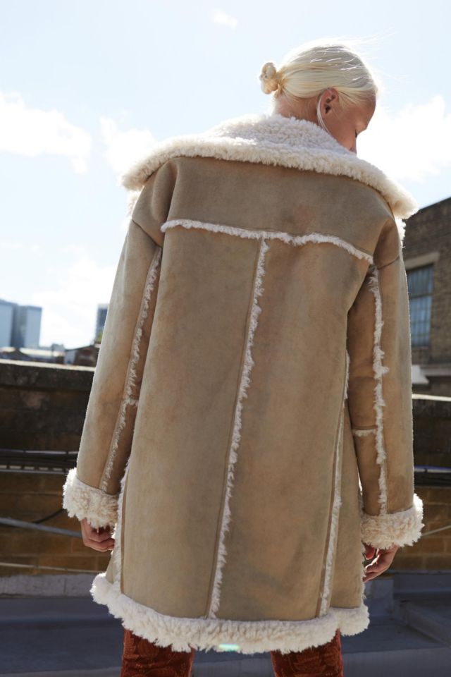 BDG Urban Outfitters + UO Faux Shearling Beige Longline Coat