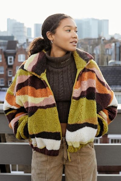 Uo Olivia Landscape Print Cozy Sherpa Jacket Urban Outfitters 5927