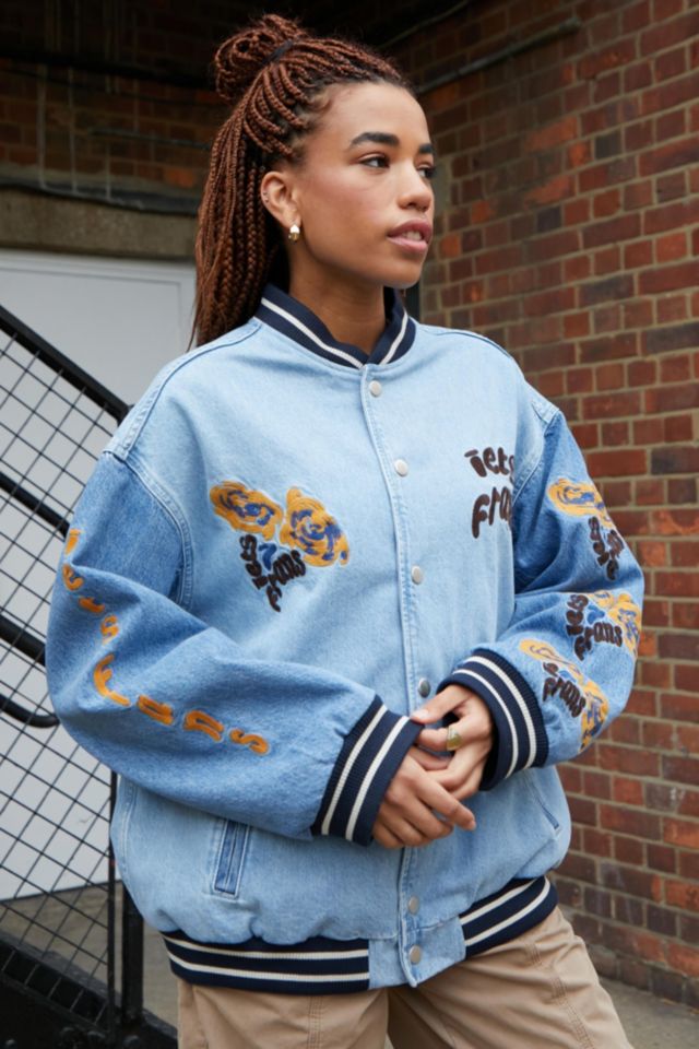 iets frans... Blue Recycled Denim Embroidered Varsity Jacket | Urban ...