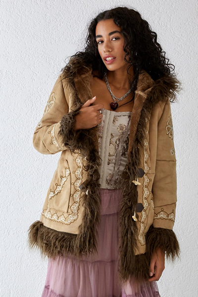 UO Embroidered Faux Fur Duffle Coat | Urban Outfitters