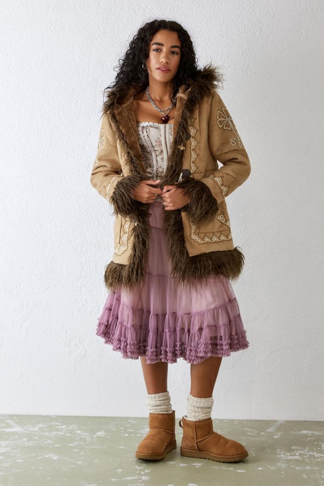 UO Embroidered Faux Fur Duffle Coat #1