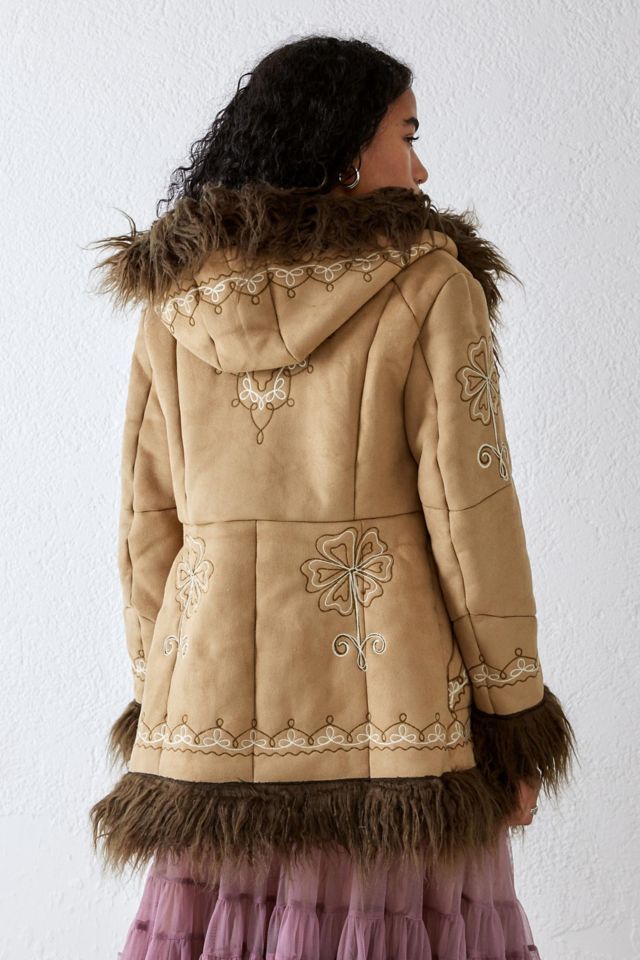 UO Embroidered Faux Fur Duffle Coat #2