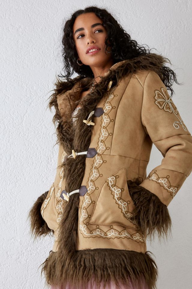 UO Embroidered Faux Fur Duffle Coat #3