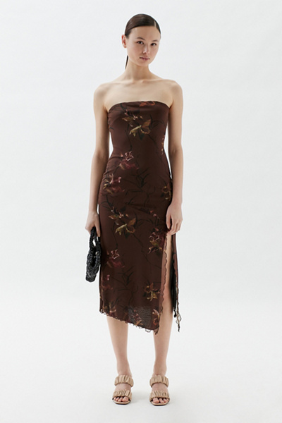 Urban Outfitters Uo Samara Mesh Strapless Midi Dress In Brown | ModeSens