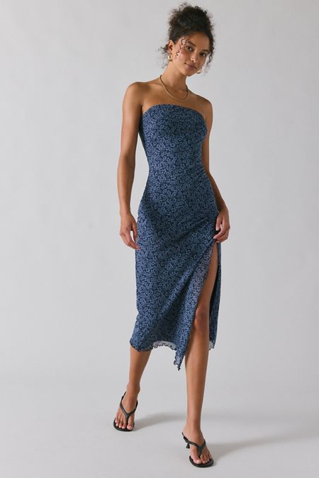 midi dress urban outfitters UO Mesh Paisley Features UO Samara mesh strapless midi dress Cute party dress Soft and stretchy lightweight mesh Strapless tube neckline Fitted bodice Side UO Bradley Midi Dress Urban
