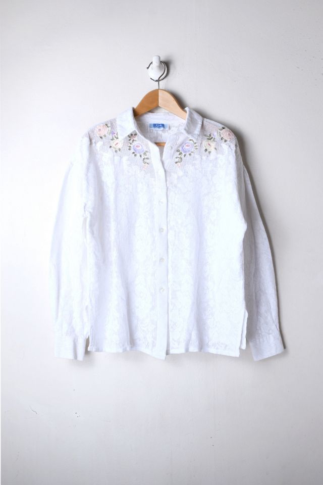 Vintage 70s Embroidered White Lace Collared Shirt | Urban Outfitters
