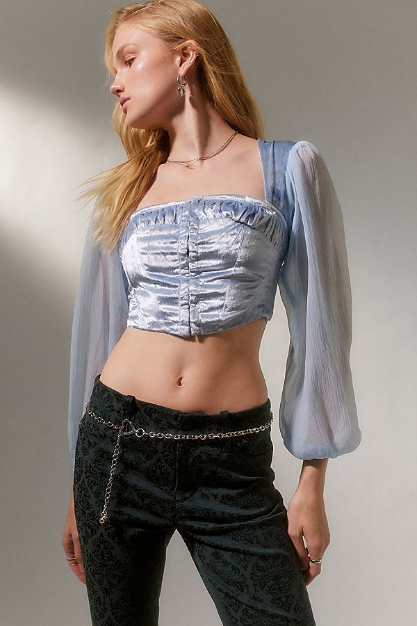Urban Outfitters Uo Peggy Velvet Puff Sleeve Bustier Top In Sky