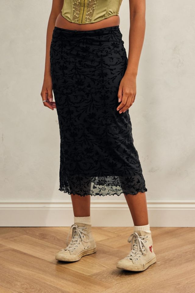 High Waist Mesh Floral Midi Skirt - Cider