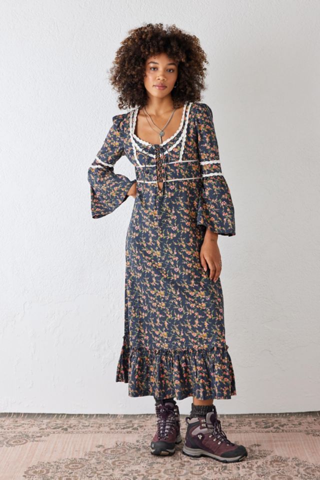 UO Navy Floral Esme Prairie Maxi Dress Urban Outfitters