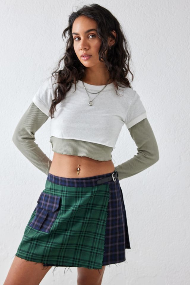 Uo Spliced Contrast Plaid Pocket Skirt 