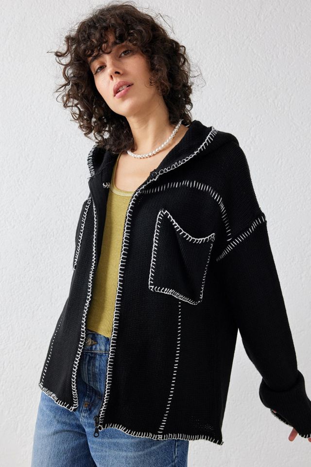 Bdg Blanket Stitch Hooded Zip-Through Cardigan in Black at Urban Outfitters