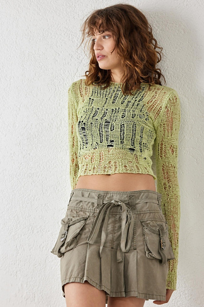 Urban Outfitters Uo Carla Long Sleeve Laddered Slash Neck Knit Top