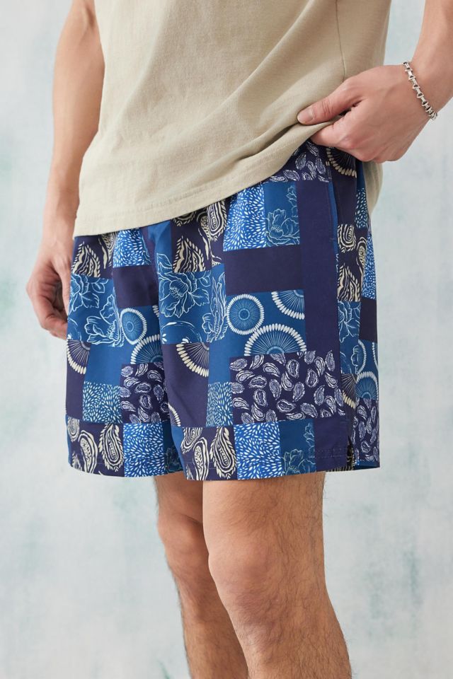 BDG Navy Patchwork Printed Swim Short Urban Outfitters