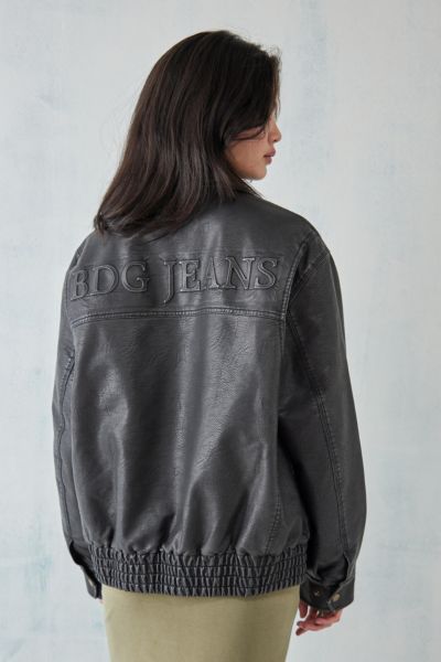 Shop Bdg Billy Embossed Logo Faux Leather Bomber Jacket In Black At Urban Outfitters