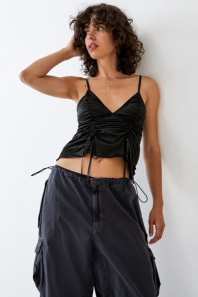Out From Under Satin Ruched Front Cami In Black