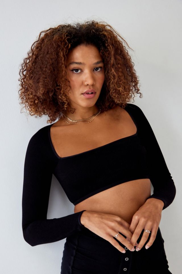 Unique Square Neck Bralette Long Sleeve Crop T-Shirt - Black