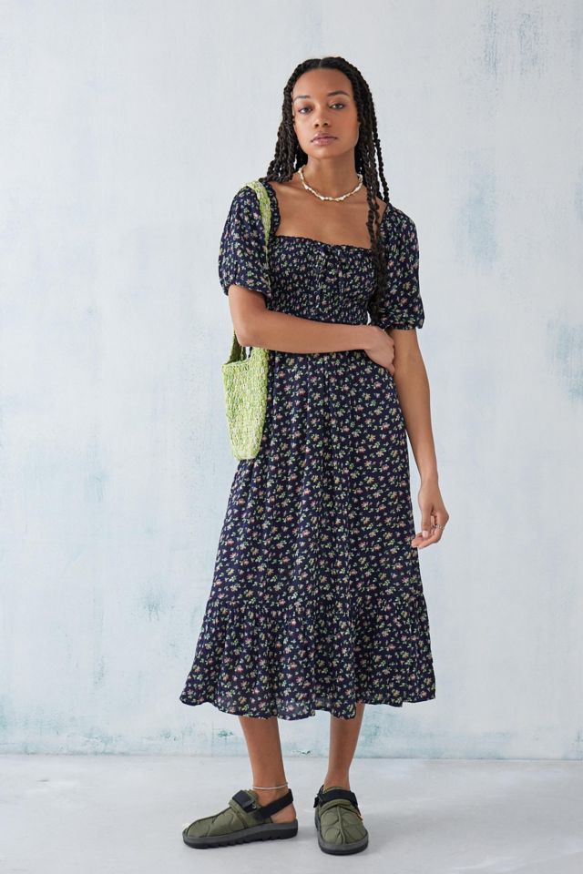 UO Iris Floral Puff Sleeve Midi Dress