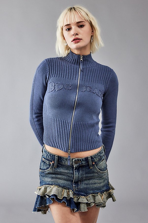 Bdg Zip-through Distressed Applique Knit Track Top In Indigo At Urban Outfitters