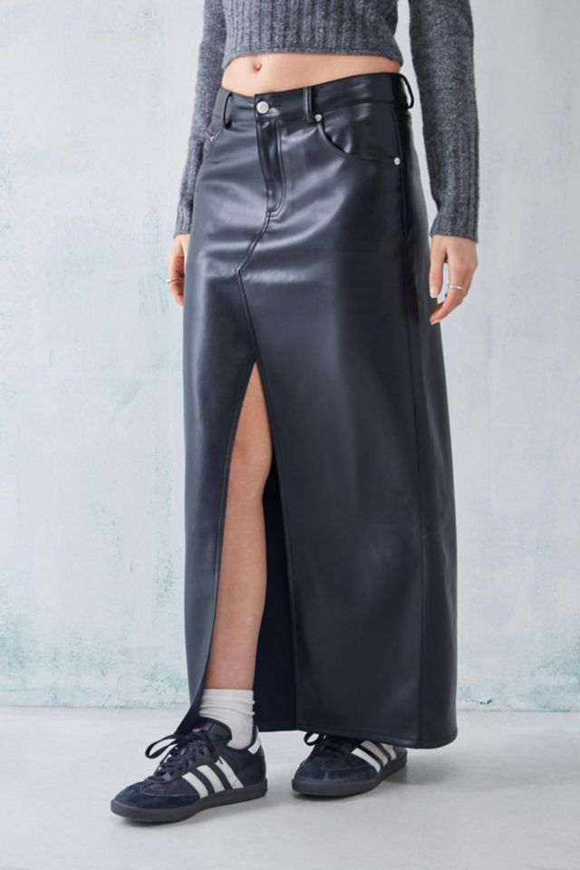 Black leather shop skirt front split