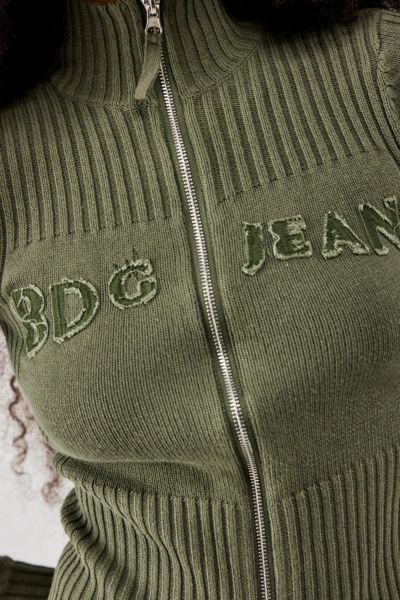 Shop Bdg Khaki Zip-through Distressed Knit Track Top In Green At Urban Outfitters