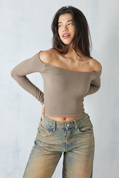 Urban Outfitters Uo Nori Seamless Off-the-shoulder Crop Top In Brown