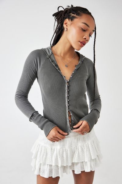 Bdg Billie Hooded Henley Top In Dark Grey At Urban Outfitters