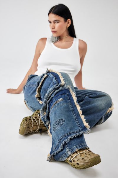Shop Bdg Low Rise Frayed Cargo Jean In Vintage Denim Medium At Urban Outfitters