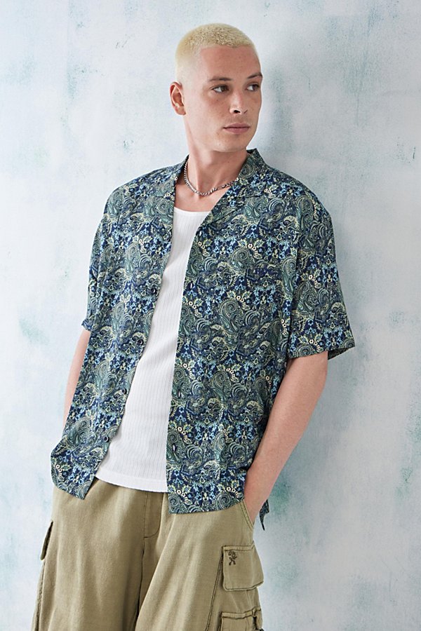 Bdg Blue & Green Paisley Print Short Sleeve Shirt Top In Blue, Men's At Urban Outfitters