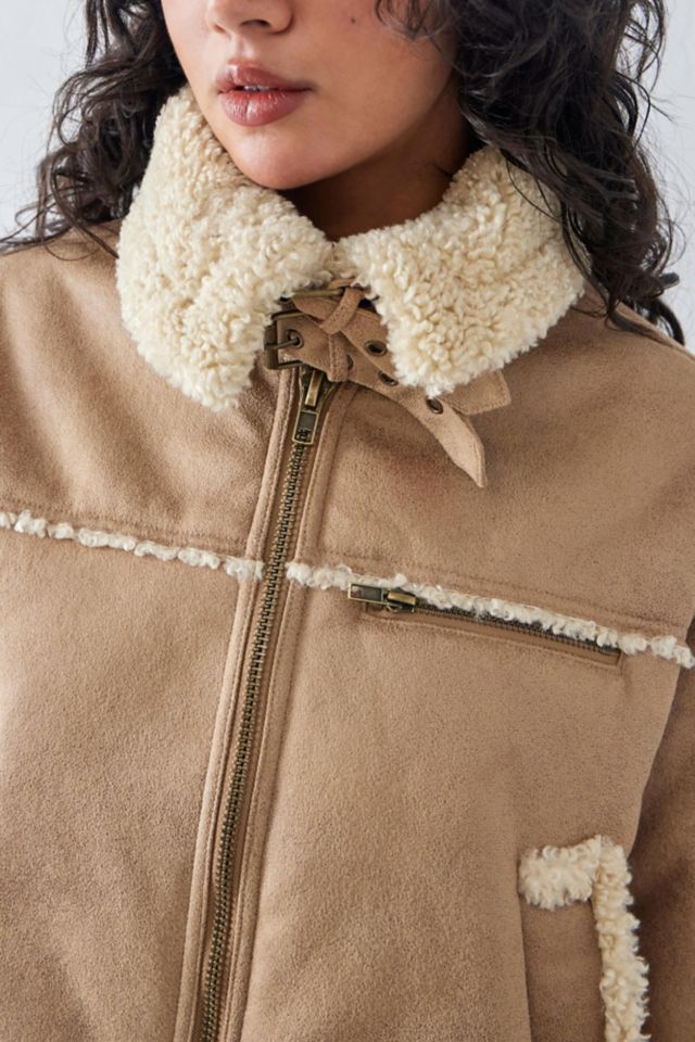 Tan Faux Shearling Trim Cropped Aviator Jacket