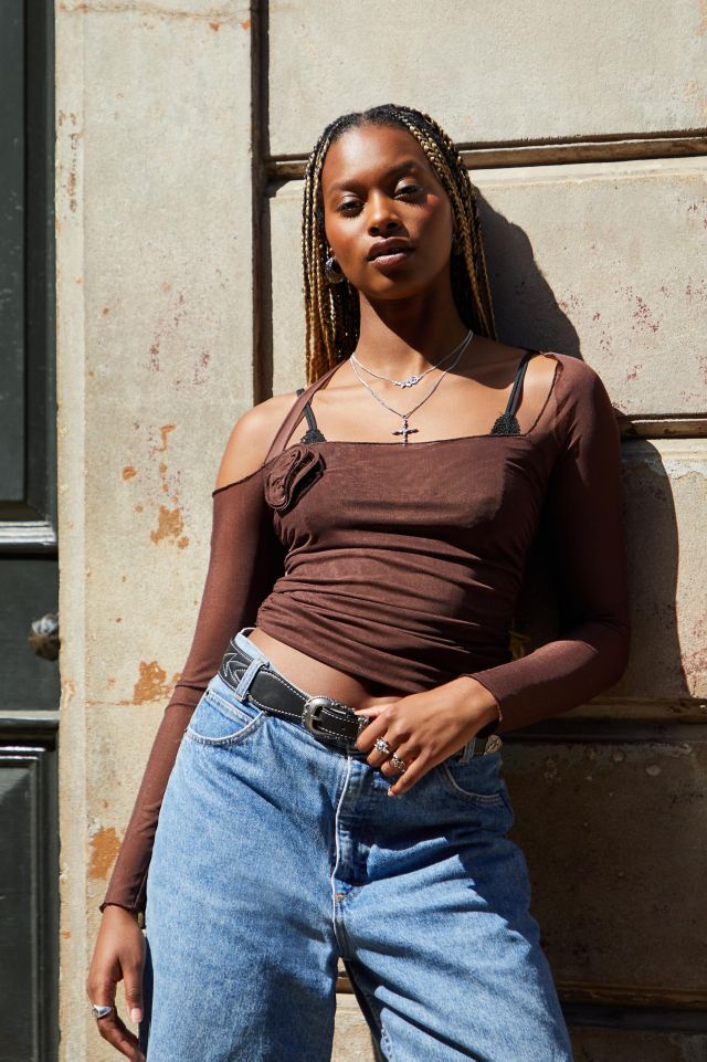 Brown Mesh Strappy Crop Top