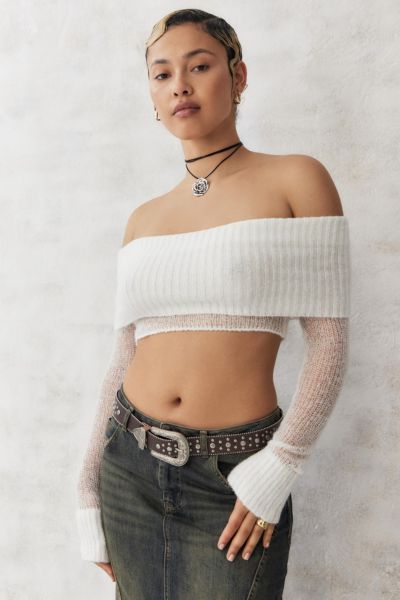 UO Sheer Off-The-Shoulder Knit Crop Top