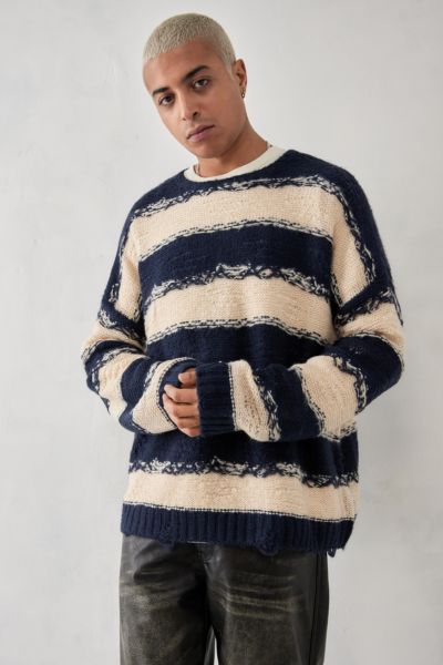 Bdg Navy & Ecru Stripe Distressed Sweater In Blue, Men's At Urban Outfitters