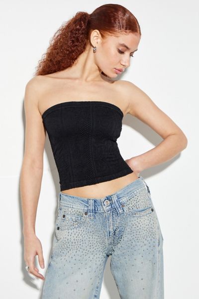 OUT FROM UNDER TAPESTRY TEXTURE BANDEAU CROP TOP IN BLACK, WOMEN'S AT URBAN OUTFITTERS 