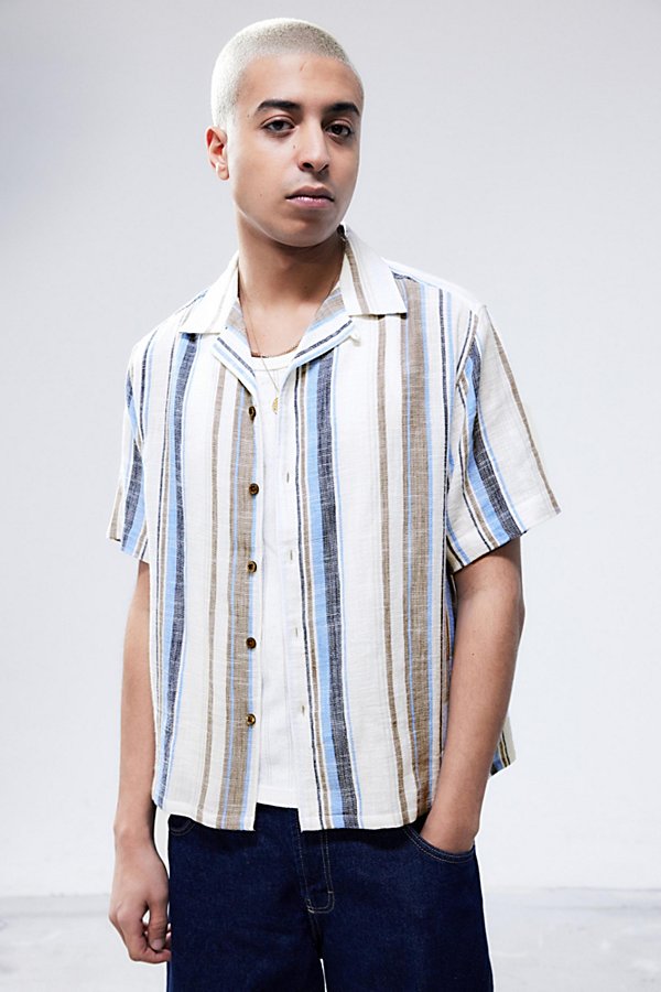 Bdg Blue Stripe Gauze Short-sleeved Shirt Top In Blue, Men's At Urban Outfitters