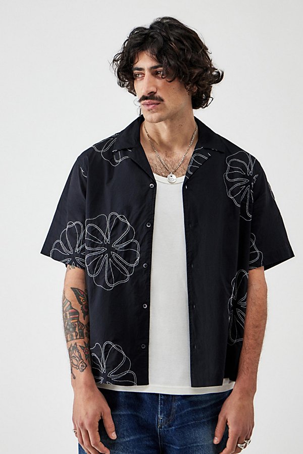 Bdg Black Sencha Embroidered Short-sleeved Shirt Top In Black, Men's At Urban Outfitters