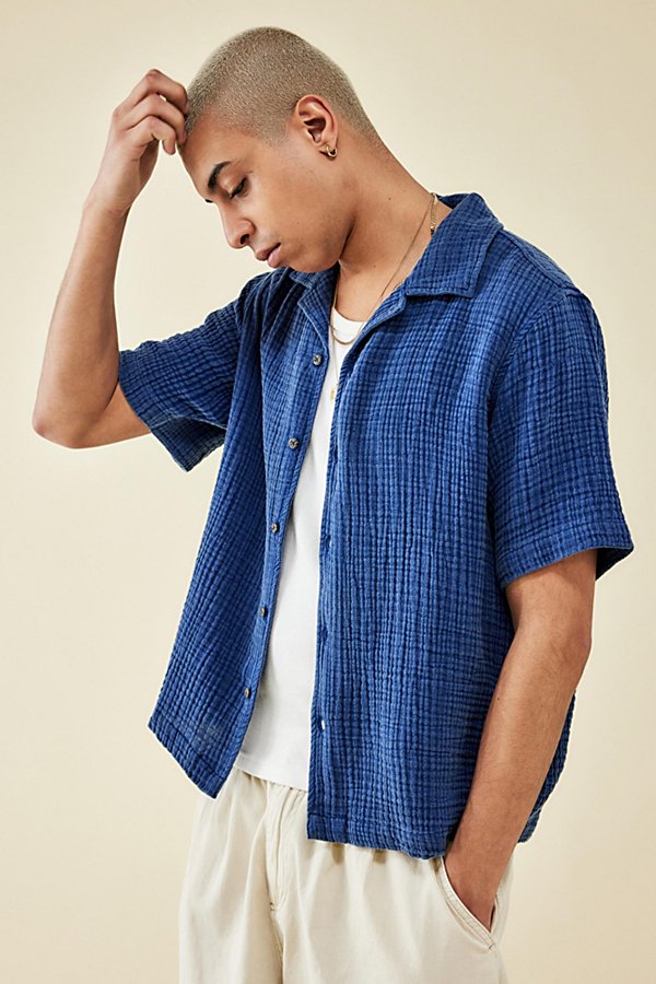 Bdg Indigo Triple Gauze Short-sleeved Shirt Top In Pale Blue, Men's At Urban Outfitters