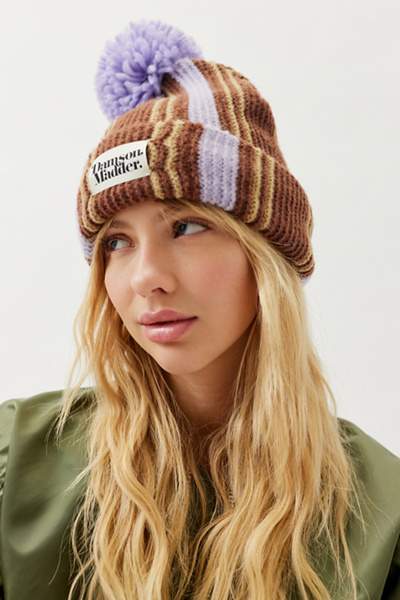 Damson Madder Pom Pom Stripe Beanie In Brown + Lilac | ModeSens
